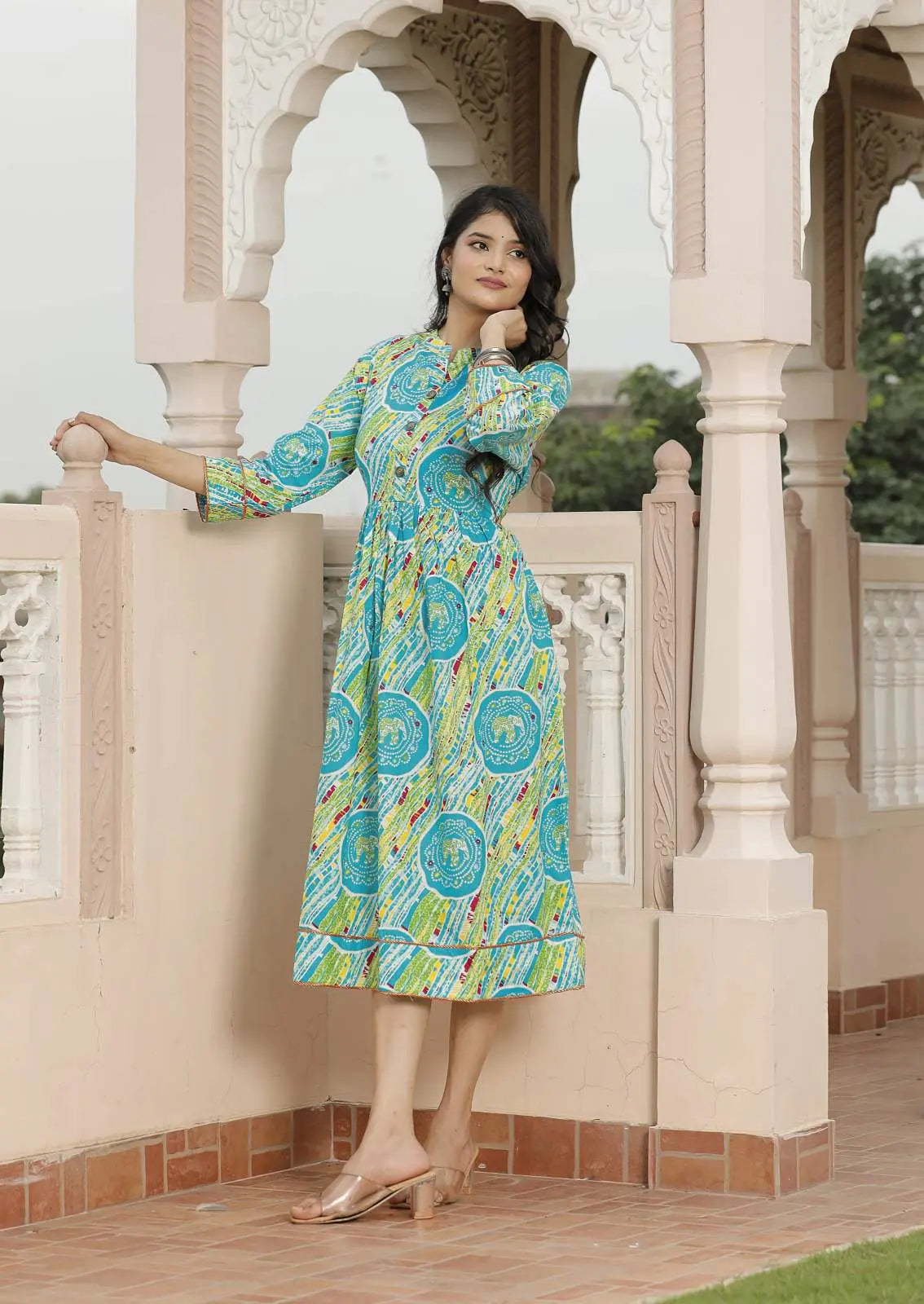 Blue & Multicolor Jaipuri Printed Cotton Flared Dress with 3/4 Sleeves & Front Buttons | Rajasthani Ethnic Midi Dress – Lamenda