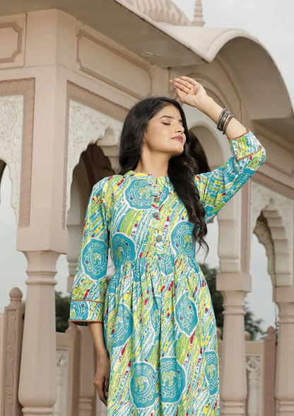 Blue & Multicolor Jaipuri Printed Cotton Flared Dress with 3/4 Sleeves & Front Buttons | Rajasthani Ethnic Midi Dress – Lamenda