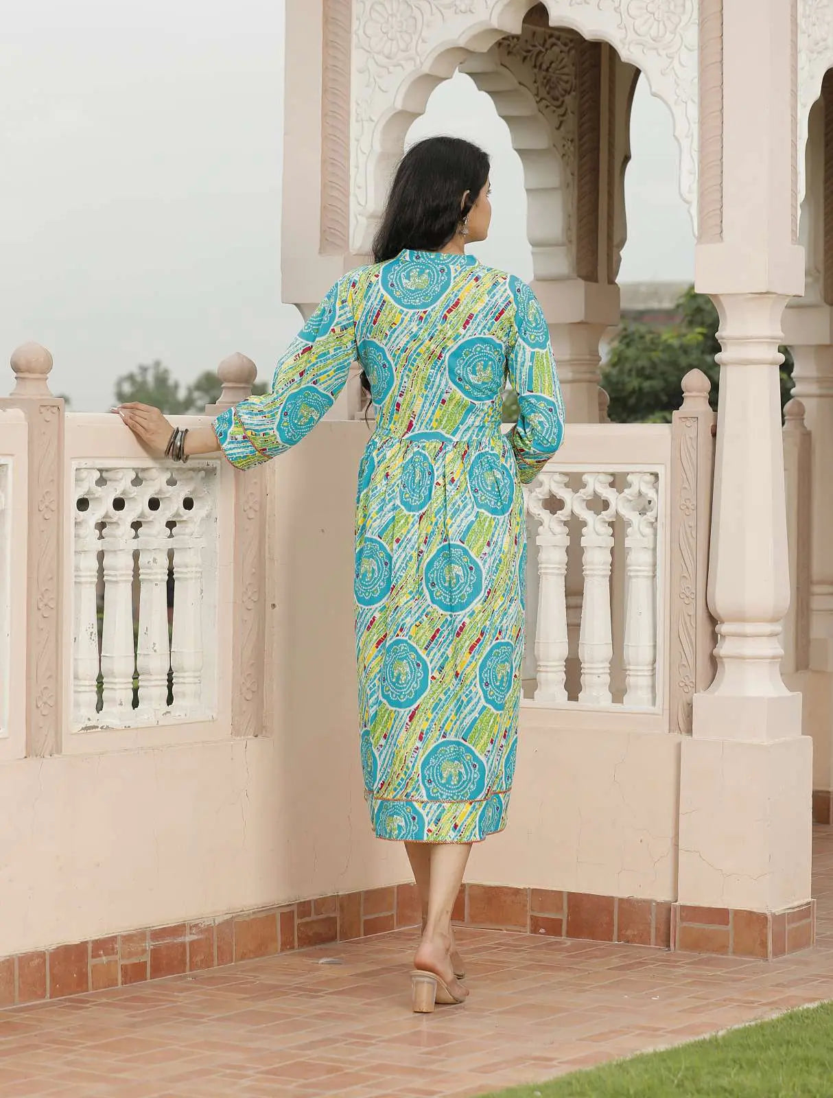 Blue & Multicolor Jaipuri Printed Cotton Flared Dress with 3/4 Sleeves & Front Buttons | Rajasthani Ethnic Midi Dress – Lamenda