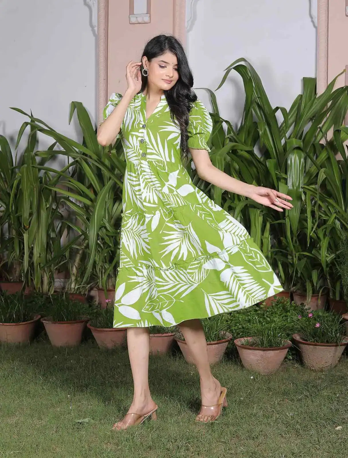 Green Leaf Print Cotton A-Line Dress with Puff Sleeves & Button Neck | Tropical Summer Casual Dress – Lamenda