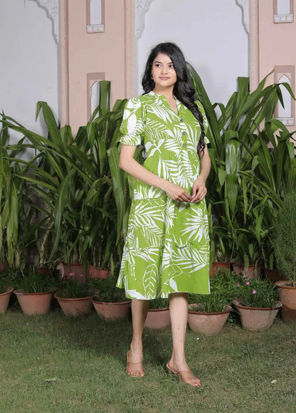 Green Leaf Print Cotton A-Line Dress with Puff Sleeves & Button Neck | Tropical Summer Casual Dress – Lamenda