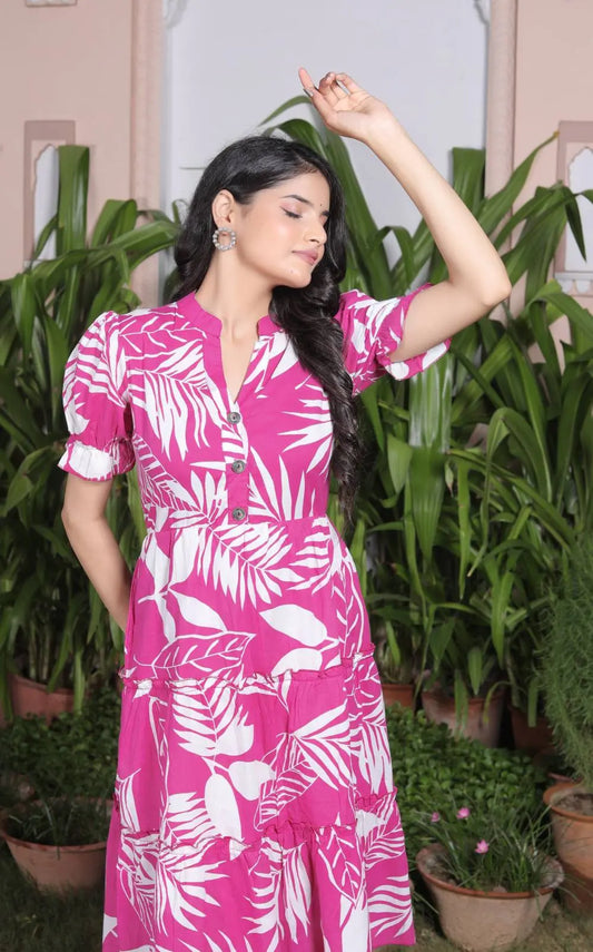 Hot Pink Tropical Leaf Print Cotton A-Line Dress with Puff Sleeves & Button Detail | Resort Summer Dress – Lamenda