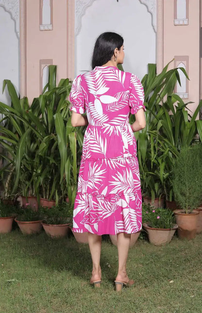 Hot Pink Tropical Leaf Print Cotton A-Line Dress with Puff Sleeves & Button Detail | Resort Summer Dress – Lamenda