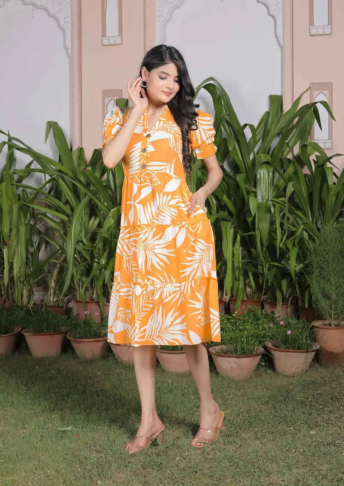 Mustard Yellow Tropical Leaf Print Cotton A-Line Dress with Puff Sleeves & Tiered Hem | Summer Casual Midi Dress – Lamenda