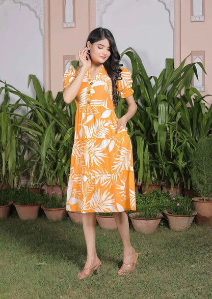 Mustard Yellow Tropical Leaf Print Cotton A-Line Dress with Puff Sleeves & Tiered Hem | Summer Casual Midi Dress – Lamenda