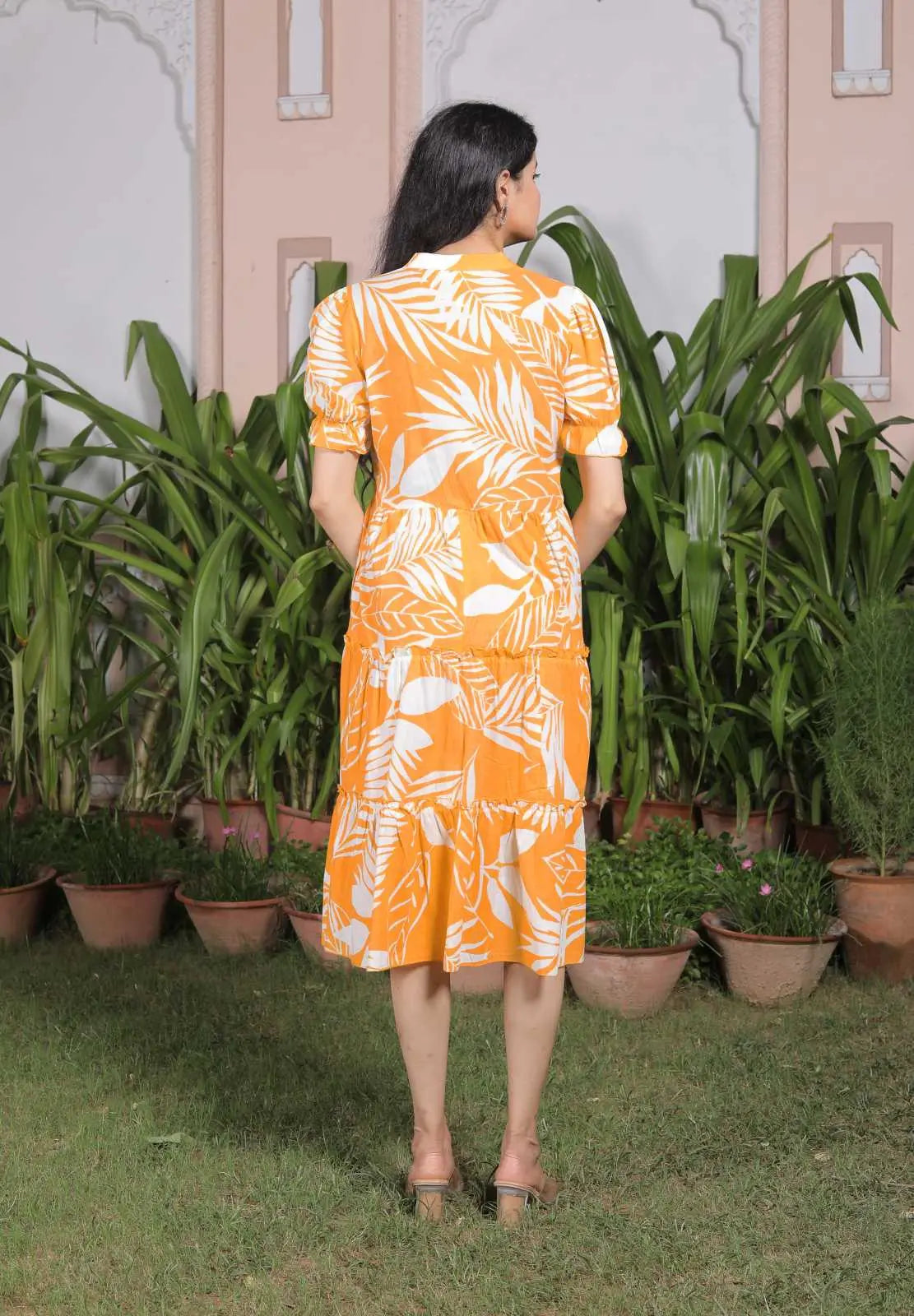 Mustard Yellow Tropical Leaf Print Cotton A-Line Dress with Puff Sleeves & Tiered Hem | Summer Casual Midi Dress – Lamenda