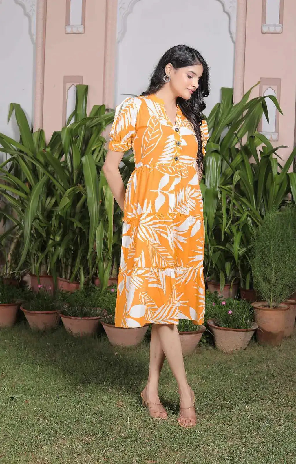 Mustard Yellow Tropical Leaf Print Cotton A-Line Dress with Puff Sleeves & Tiered Hem | Summer Casual Midi Dress – Lamenda