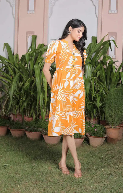 Mustard Yellow Tropical Leaf Print Cotton A-Line Dress with Puff Sleeves & Tiered Hem | Summer Casual Midi Dress – Lamenda