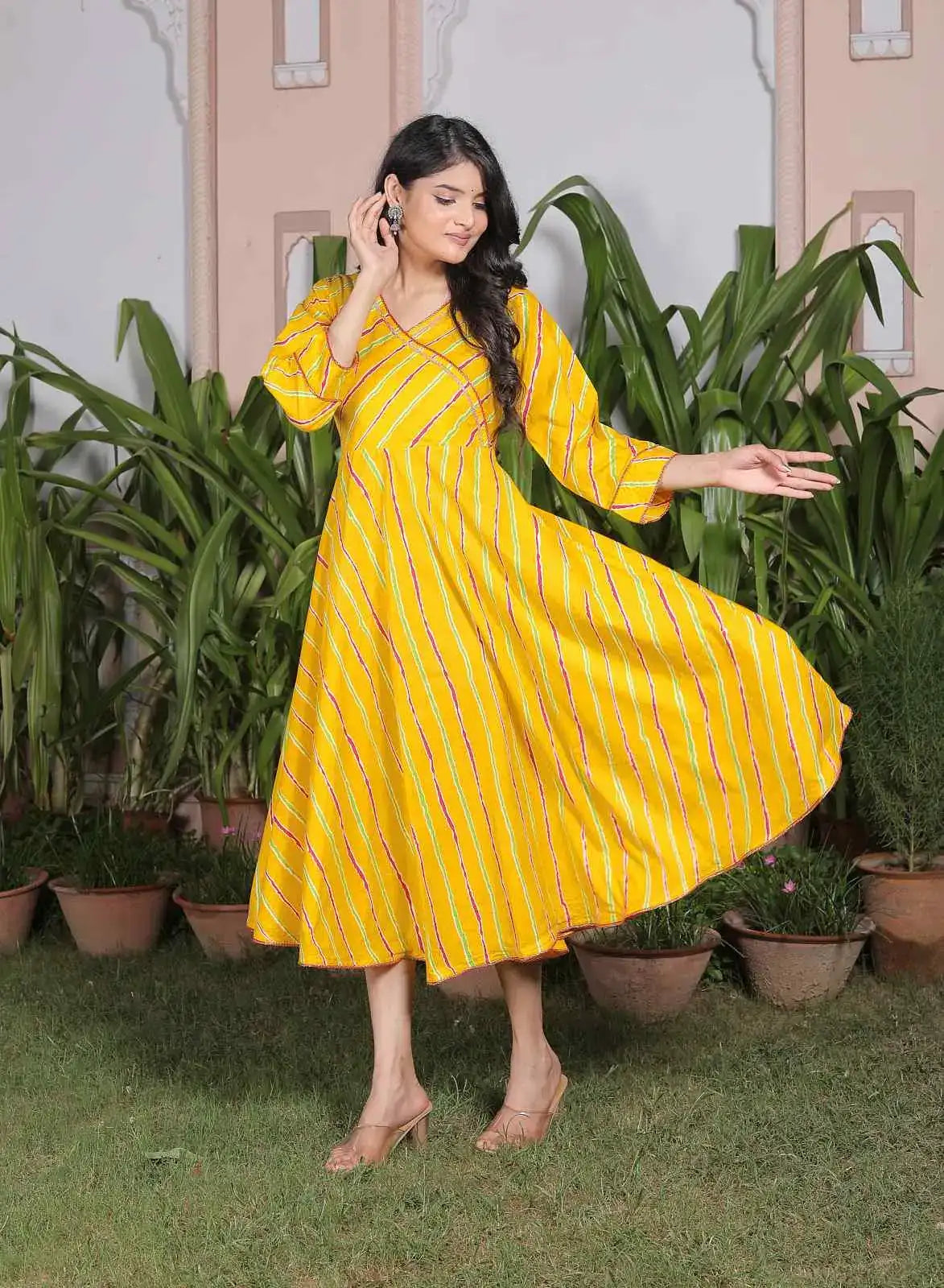 Yellow Leheriya Printed Cotton Flared Dress with V-Neck & 3/4 Sleeves | Ethnic Festive Twirl Dress – Lamenda