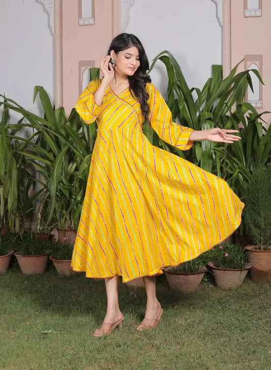 Yellow Leheriya Printed Cotton Flared Dress with V-Neck & 3/4 Sleeves | Ethnic Festive Twirl Dress – Lamenda