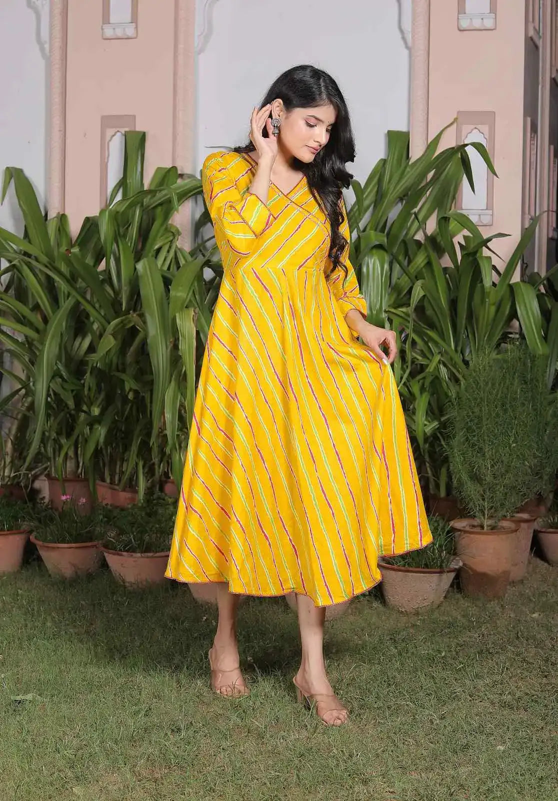 Yellow Leheriya Printed Cotton Flared Dress with V-Neck & 3/4 Sleeves | Ethnic Festive Twirl Dress – Lamenda