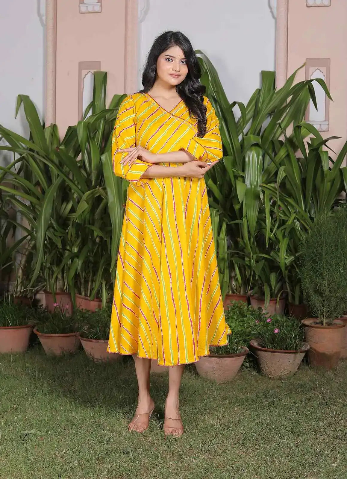 Yellow Leheriya Printed Cotton Flared Dress with V-Neck & 3/4 Sleeves | Ethnic Festive Twirl Dress – Lamenda