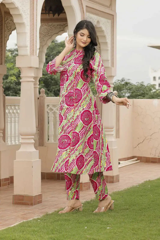 Pink & Green Jaipuri Printed Cotton Kurta Set with Front Slit & Straight Pants | Festive Ethnic Kurta Set – Lamenda