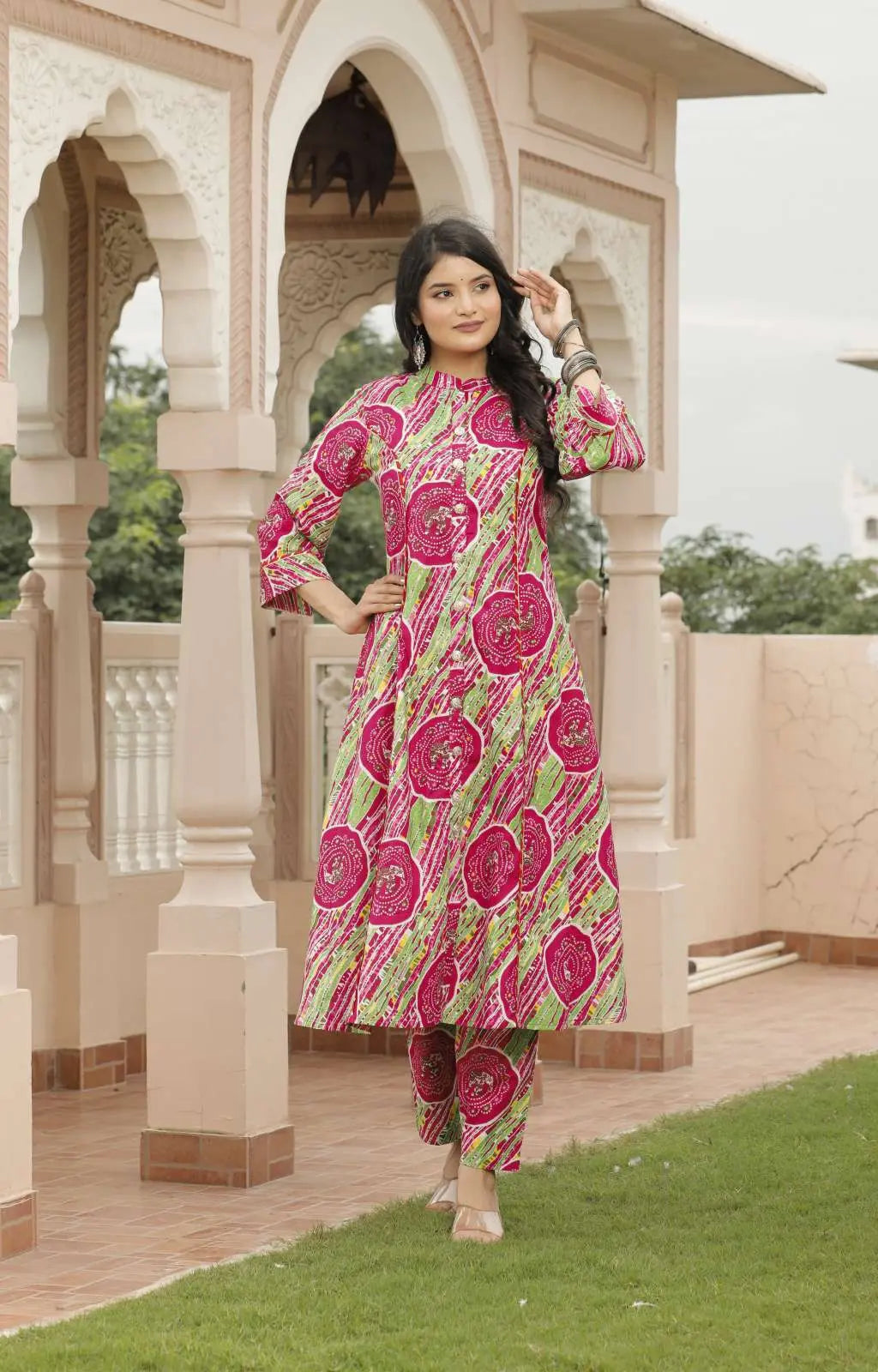 Pink & Green Jaipuri Printed Cotton Kurta Set with Front Slit & Straight Pants | Festive Ethnic Kurta Set – Lamenda