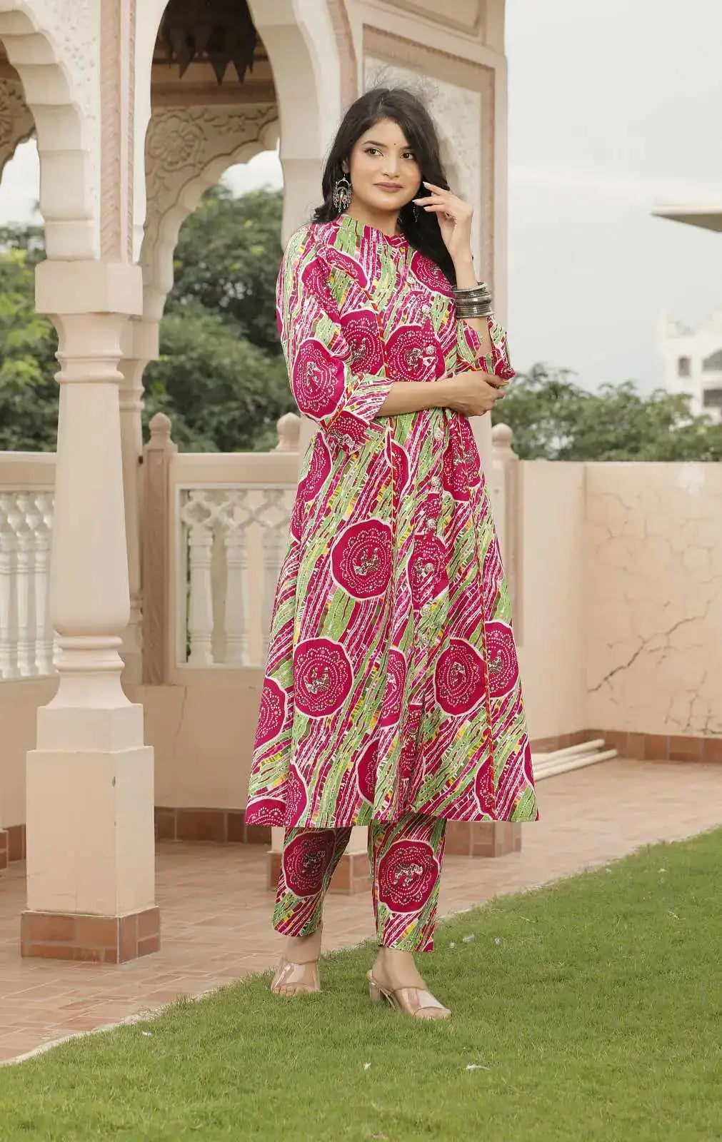 Pink & Green Jaipuri Printed Cotton Kurta Set with Front Slit & Straight Pants | Festive Ethnic Kurta Set – Lamenda