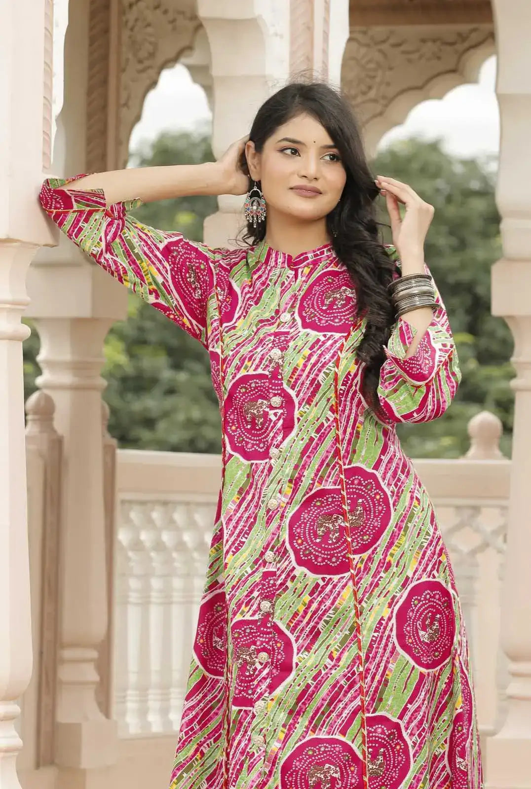 Pink & Green Jaipuri Printed Cotton Kurta Set with Front Slit & Straight Pants | Festive Ethnic Kurta Set – Lamenda