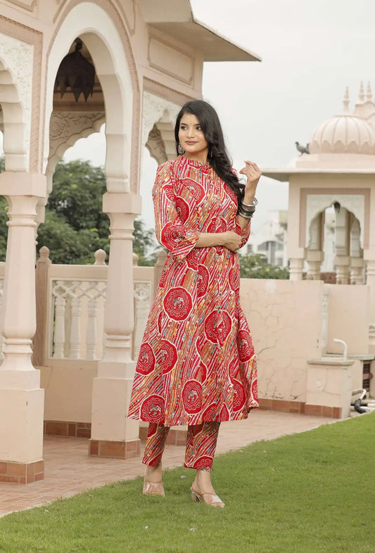 Red Jaipuri Printed Cotton Kurta Set with Front Slit & Straight Pants | Ethnic Festive Kurta Set – Lamenda