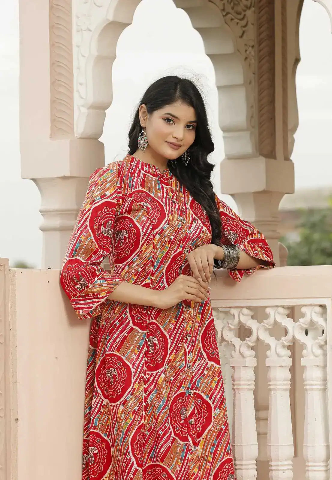 Red Jaipuri Printed Cotton Kurta Set with Front Slit & Straight Pants | Ethnic Festive Kurta Set – Lamenda