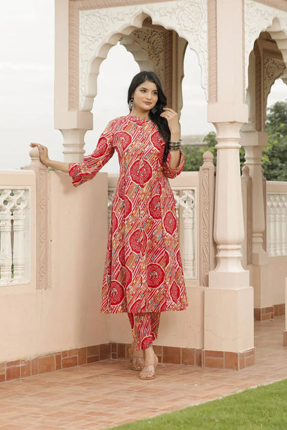 Red Jaipuri Printed Cotton Kurta Set with Front Slit & Straight Pants | Ethnic Festive Kurta Set – Lamenda