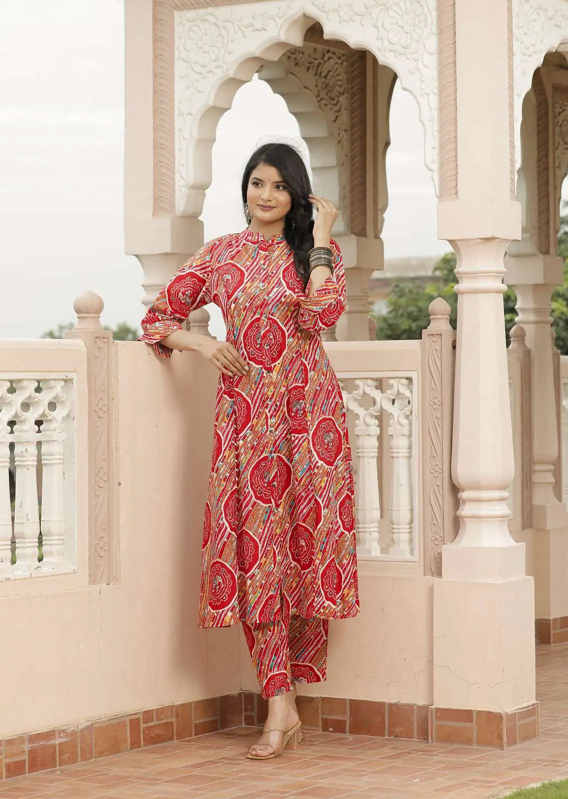 Red Jaipuri Printed Cotton Kurta Set with Front Slit & Straight Pants | Ethnic Festive Kurta Set – Lamenda