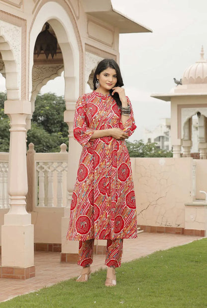 Red Jaipuri Printed Cotton Kurta Set with Front Slit & Straight Pants | Ethnic Festive Kurta Set – Lamenda