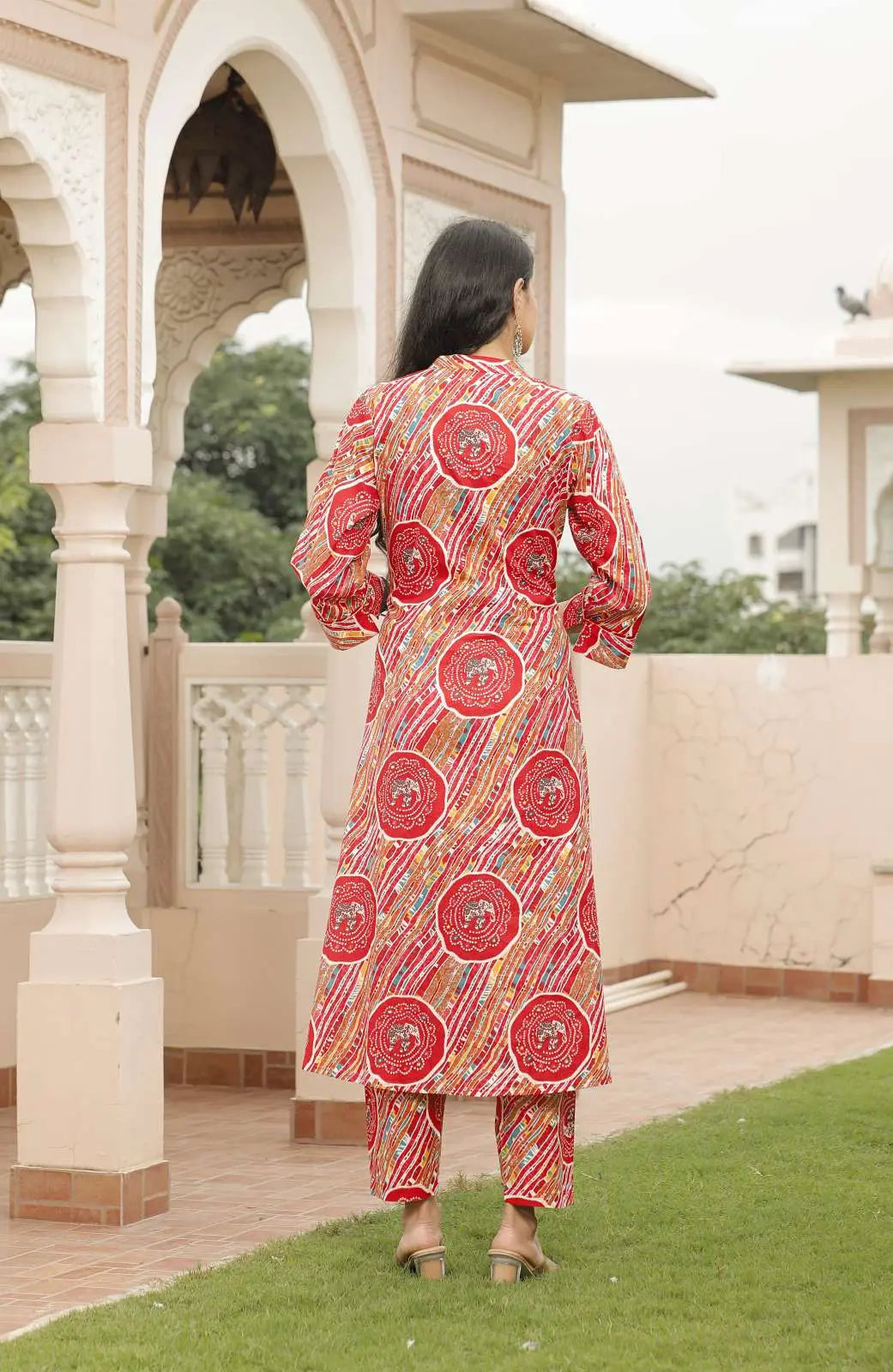 Red Jaipuri Printed Cotton Kurta Set with Front Slit & Straight Pants | Ethnic Festive Kurta Set – Lamenda