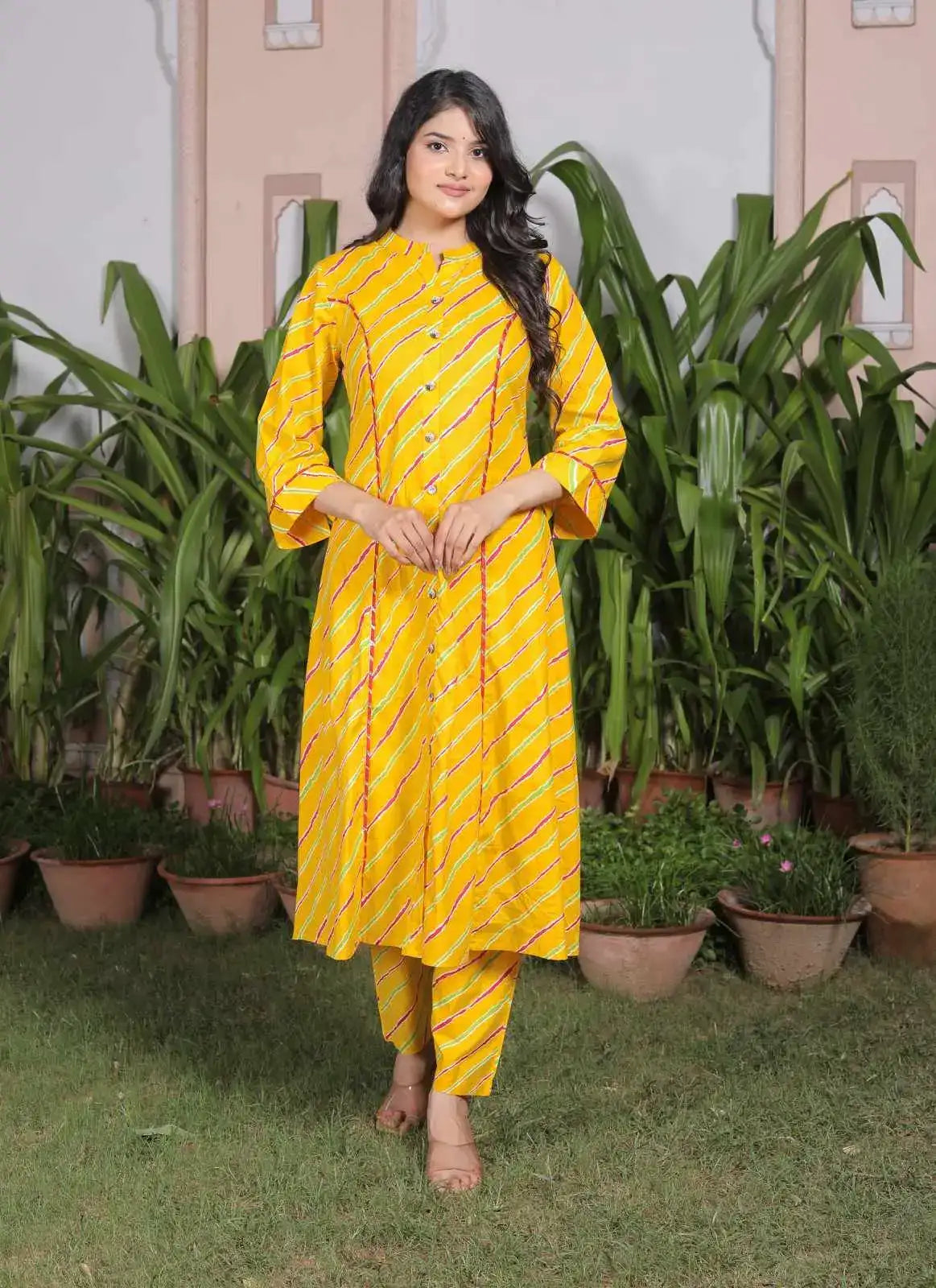 Yellow Leheriya Printed Cotton Kurta Set with Front Slit & Pants | Rajasthani Ethnic Flared Kurta Set – Lamenda