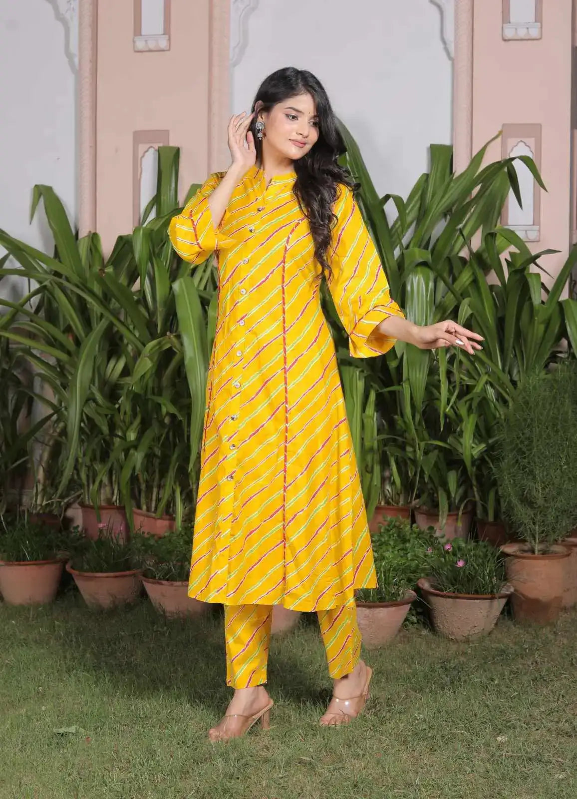 Yellow Leheriya Printed Cotton Kurta Set with Front Slit & Pants | Rajasthani Ethnic Flared Kurta Set – Lamenda