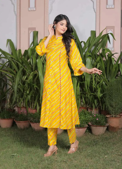 Yellow Leheriya Printed Cotton Kurta Set with Front Slit & Pants | Rajasthani Ethnic Flared Kurta Set – Lamenda