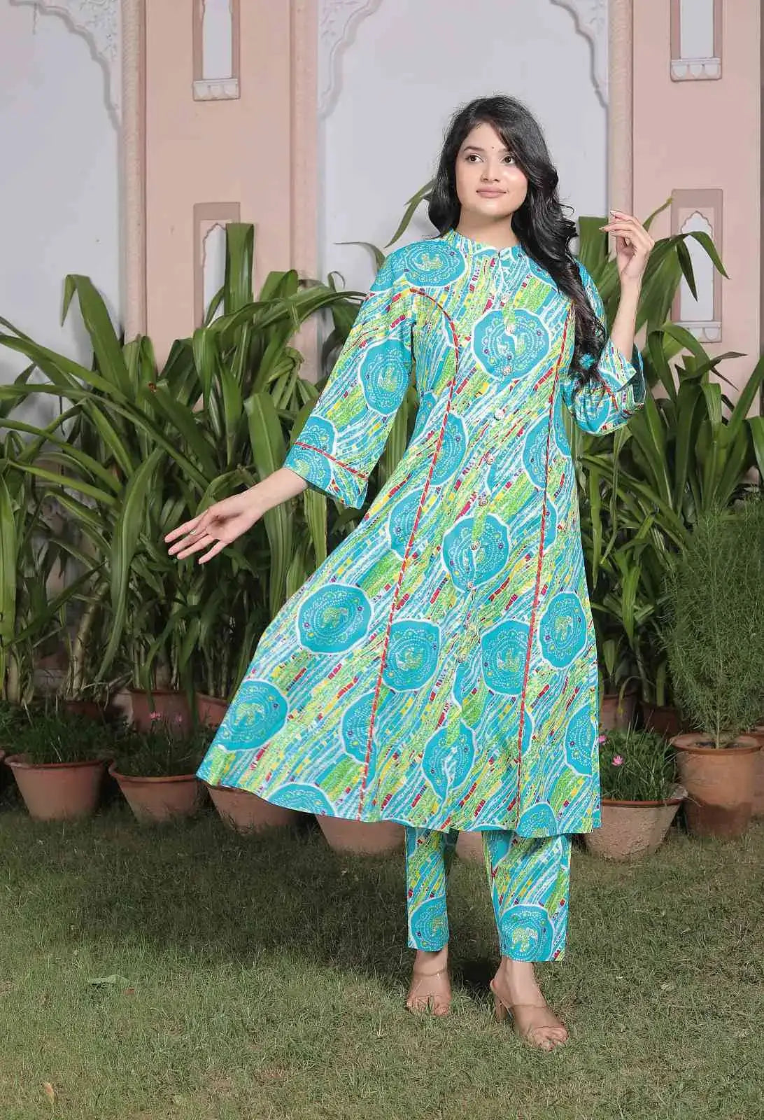 Turquoise Blue Elephant Print Cotton Kurta Set for Women | Ethnic Flared Kurta with Pants – Lamenda