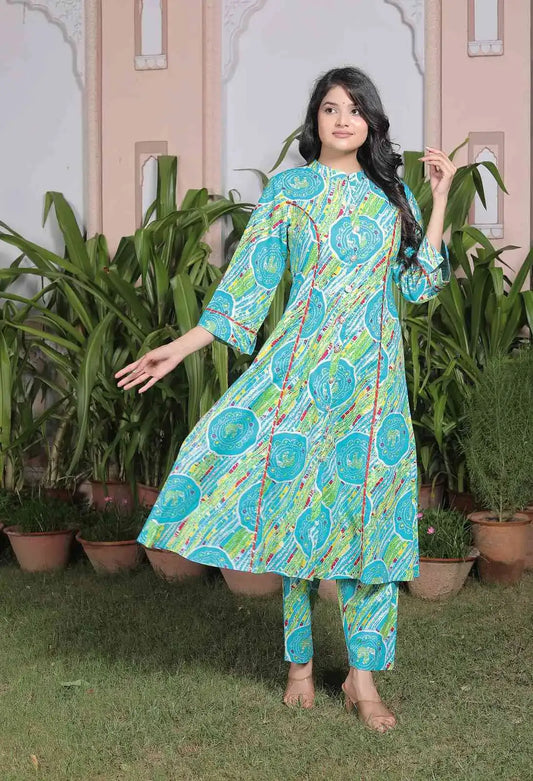 Turquoise Blue Elephant Print Cotton Kurta Set for Women | Ethnic Flared Kurta with Pants – Lamenda