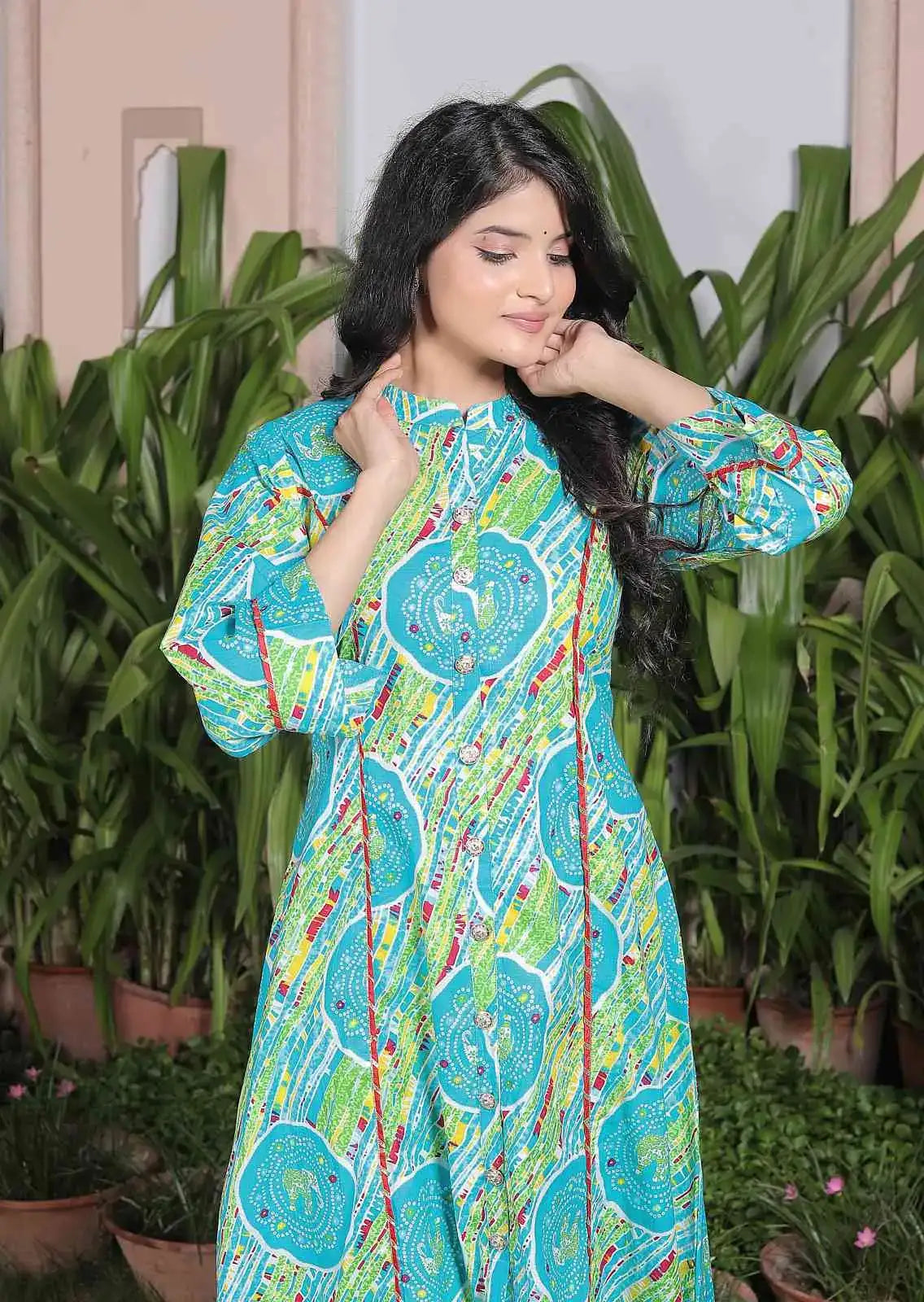 Turquoise Blue Elephant Print Cotton Kurta Set for Women | Ethnic Flared Kurta with Pants – Lamenda