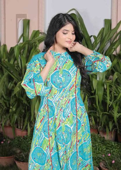 Turquoise Blue Elephant Print Cotton Kurta Set for Women | Ethnic Flared Kurta with Pants – Lamenda