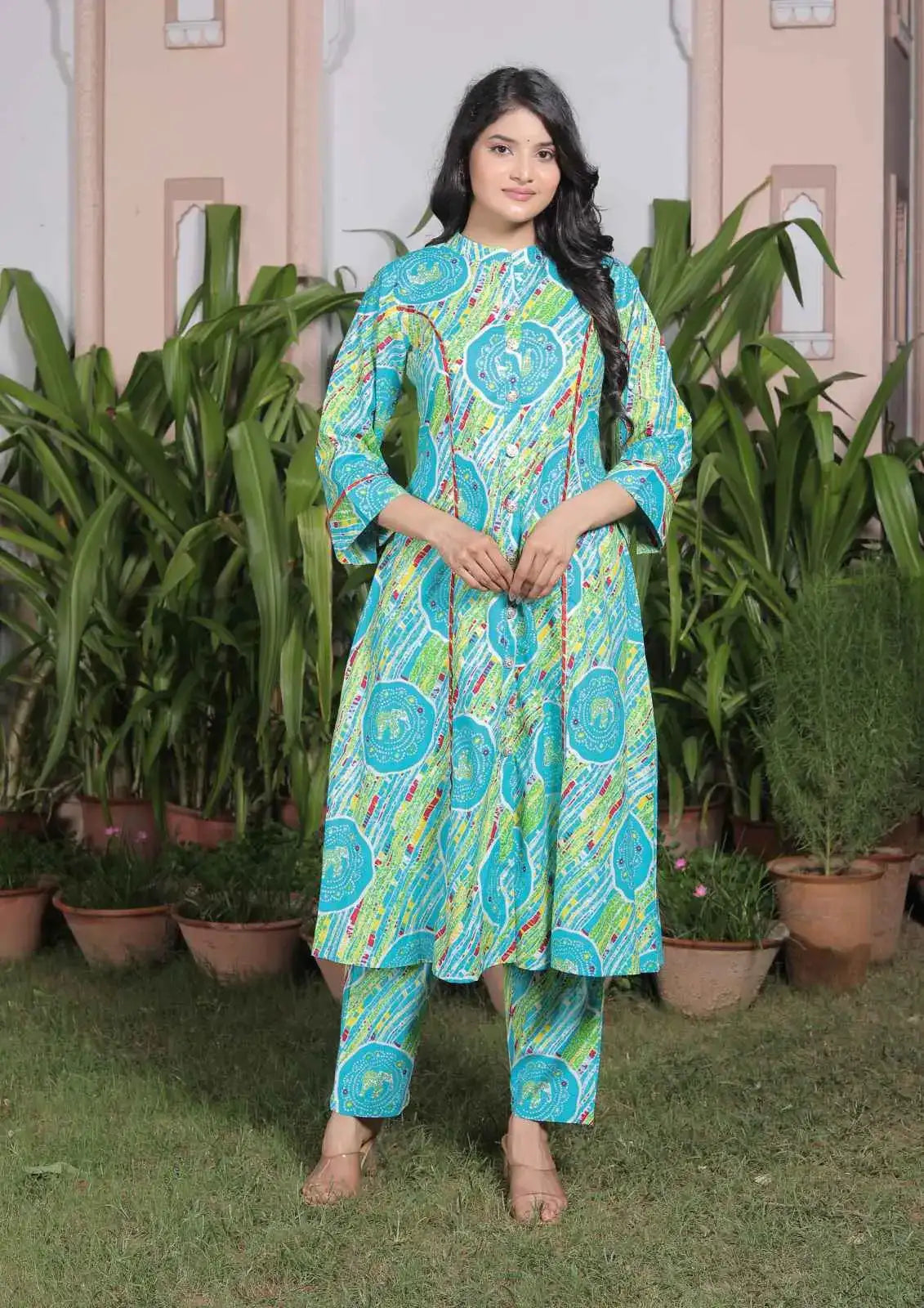 Turquoise Blue Elephant Print Cotton Kurta Set for Women | Ethnic Flared Kurta with Pants – Lamenda