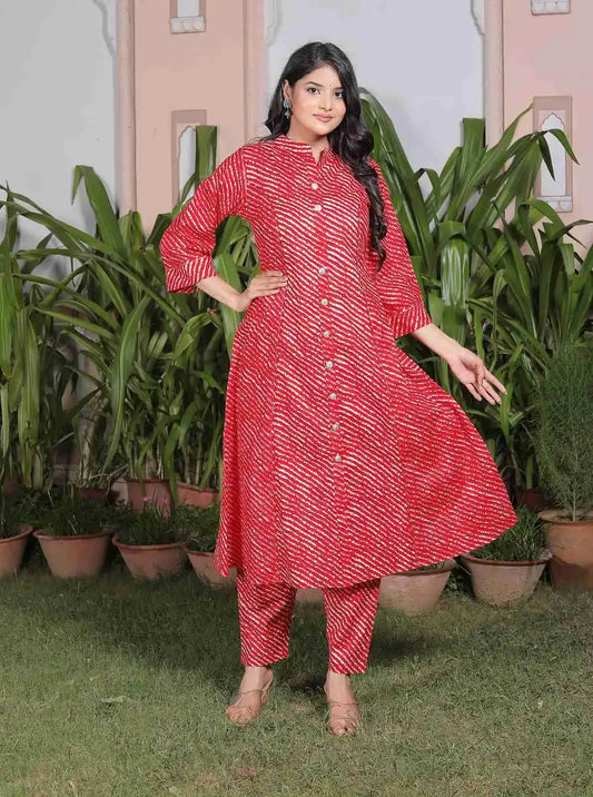 Red Bandhani Cotton Kurta Set for Women | Flared Button-Down Kurti with Pants – Lamenda