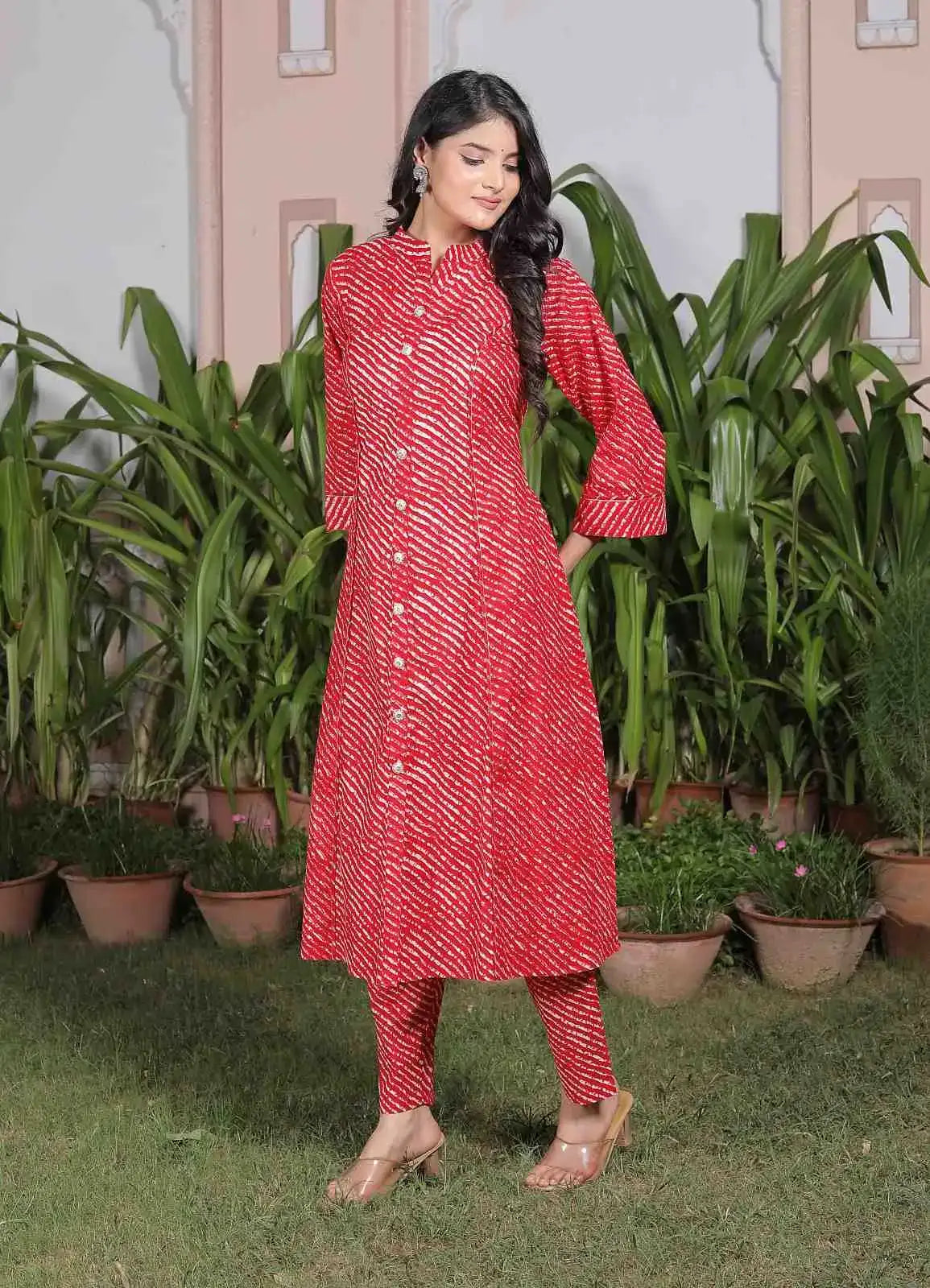 Red Bandhani Cotton Kurta Set for Women | Flared Button-Down Kurti with Pants – Lamenda