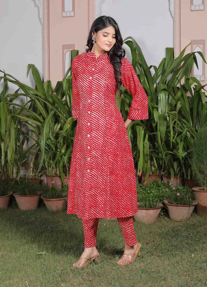 Red Bandhani Cotton Kurta Set for Women | Flared Button-Down Kurti with Pants – Lamenda