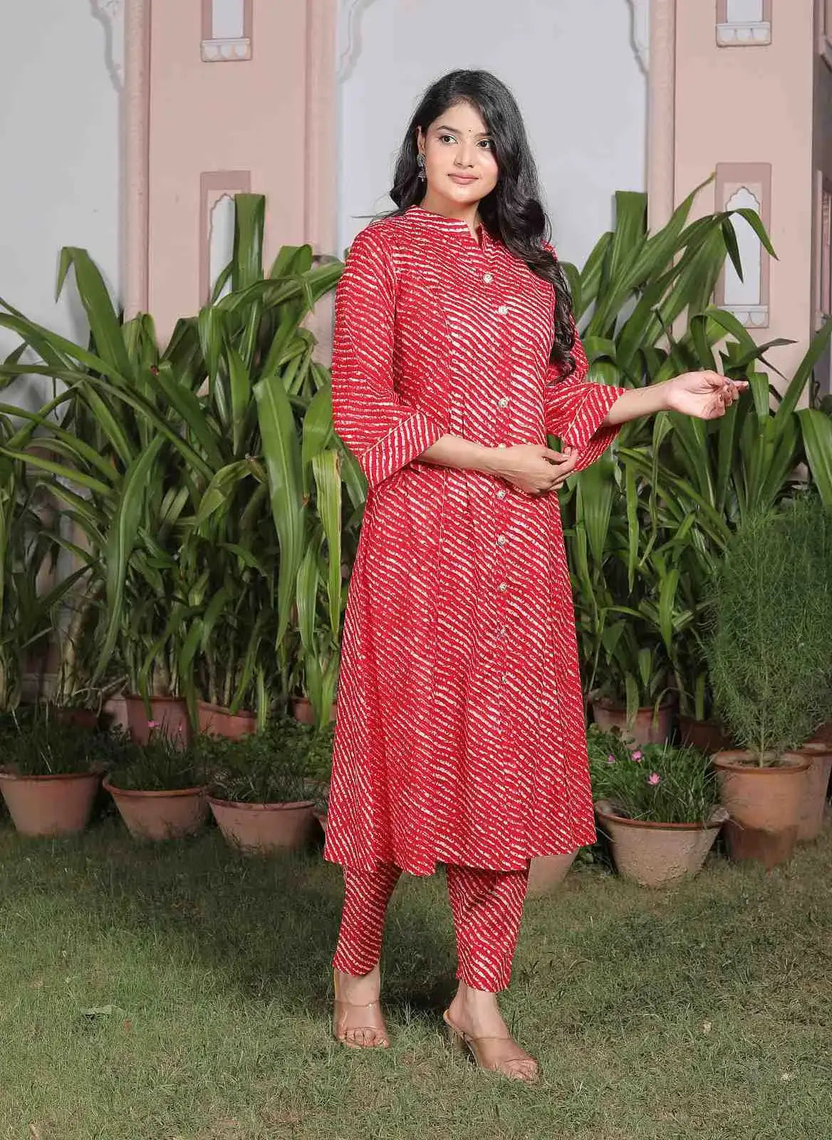 Red Bandhani Cotton Kurta Set for Women | Flared Button-Down Kurti with Pants – Lamenda