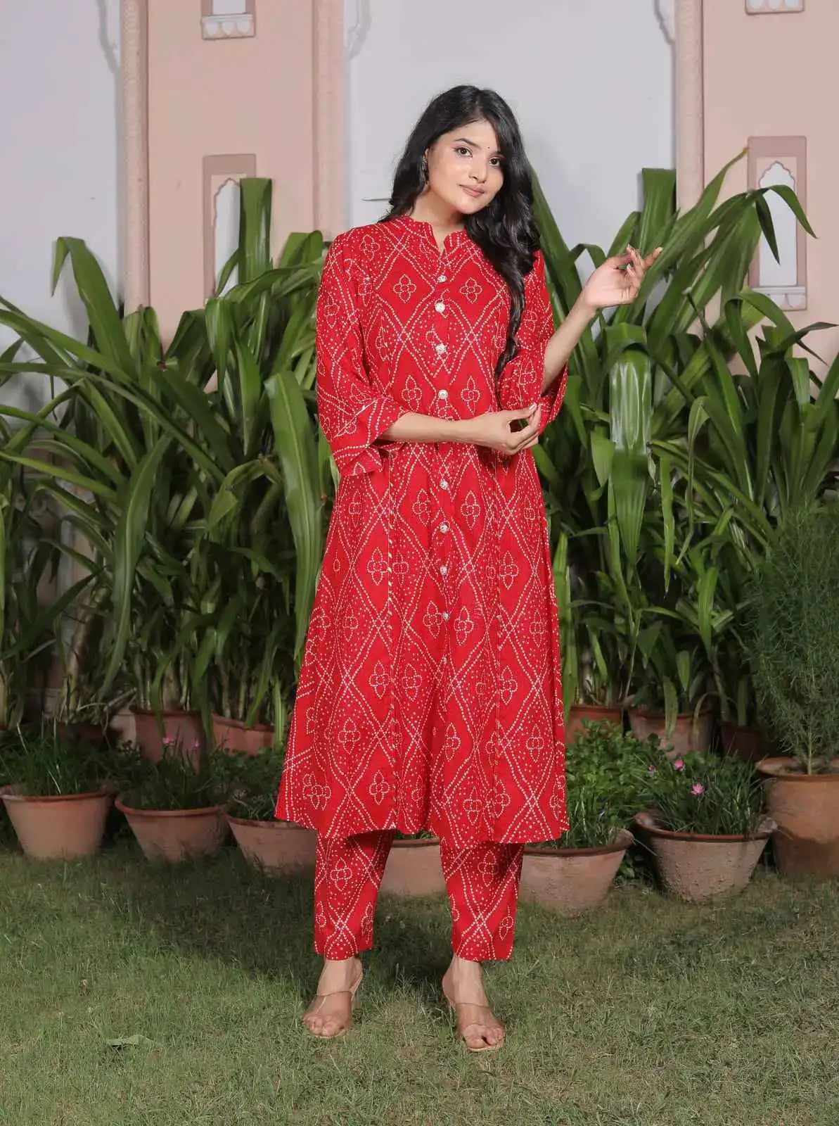 Red Diamond Print Cotton Kurta Set for Women | Front Slit Anarkali Style with Pants – Lamenda