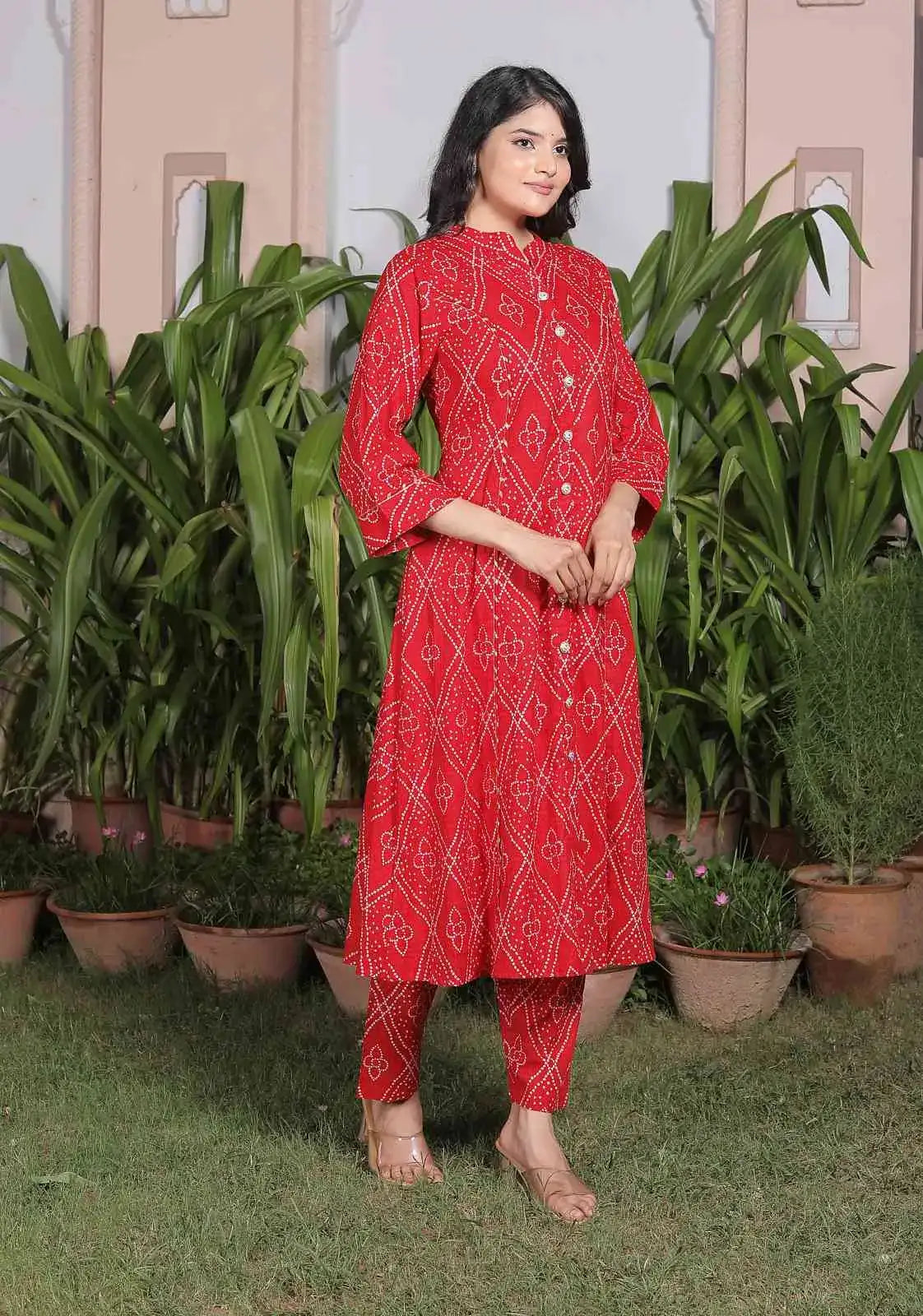 Red Diamond Print Cotton Kurta Set for Women | Front Slit Anarkali Style with Pants – Lamenda