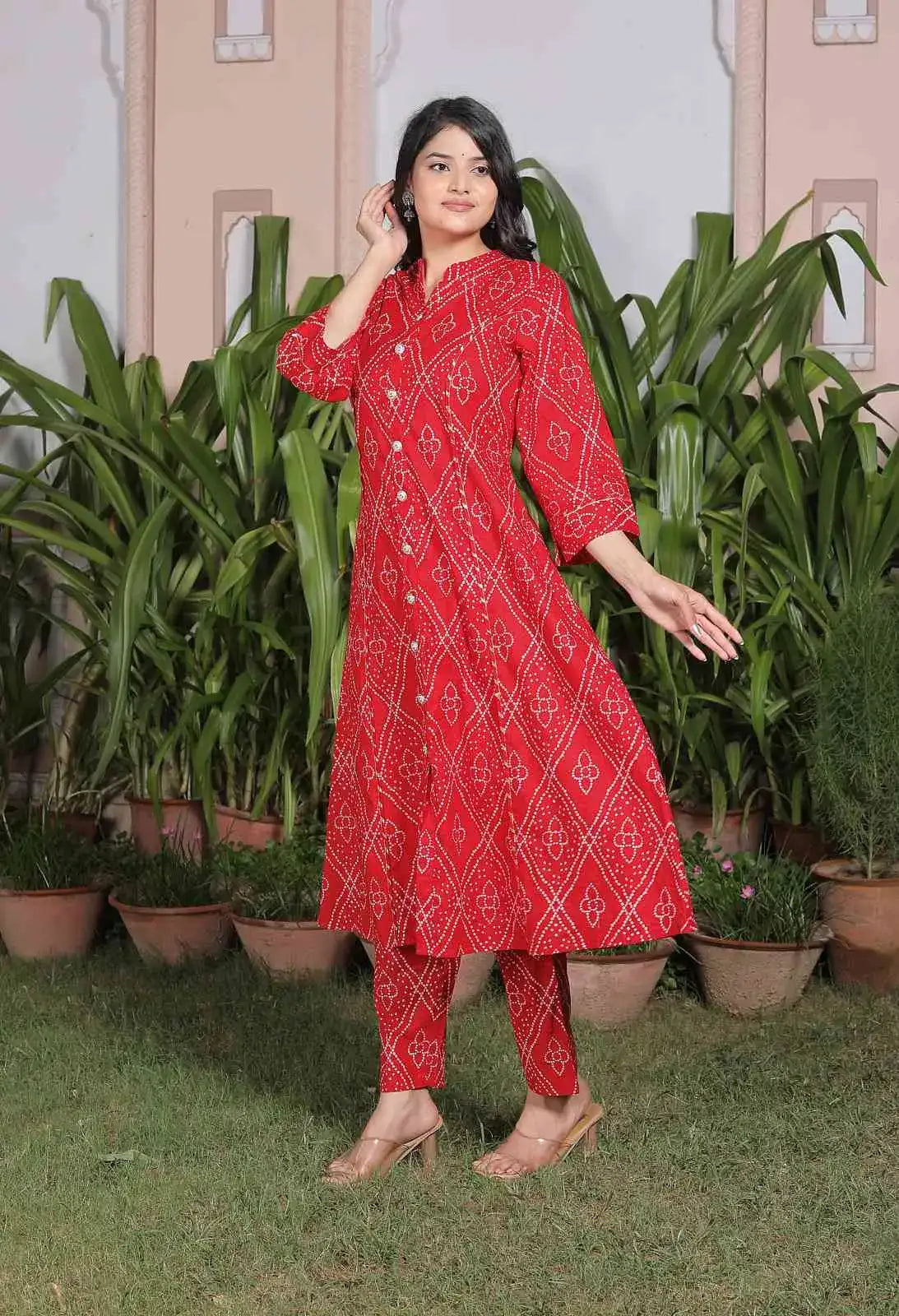 Red Diamond Print Cotton Kurta Set for Women | Front Slit Anarkali Style with Pants – Lamenda