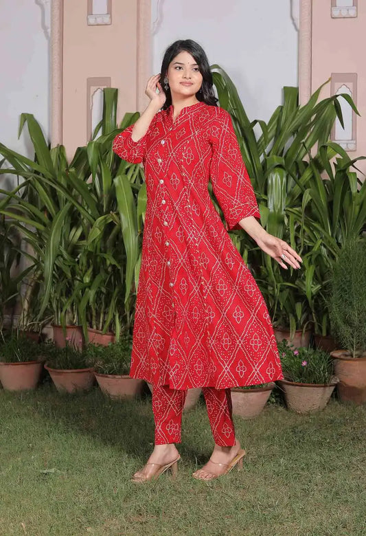 Red Diamond Print Cotton Kurta Set for Women | Front Slit Anarkali Style with Pants – Lamenda