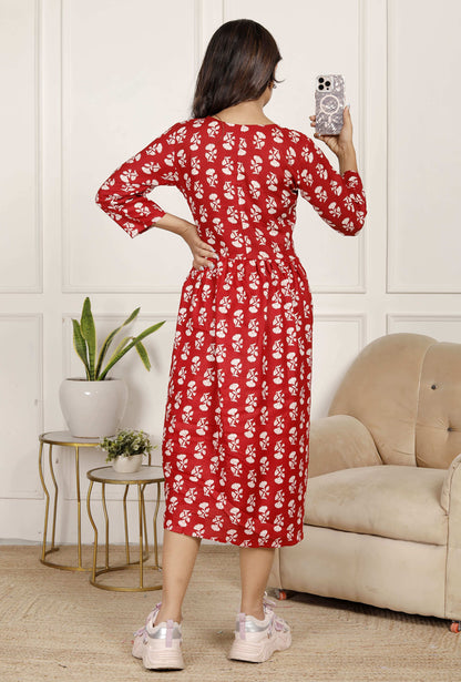 Maroon Red Floral Midi Dress with V-Neck & 3/4 Sleeves | Casual Elegance for Everyday – Lamenda