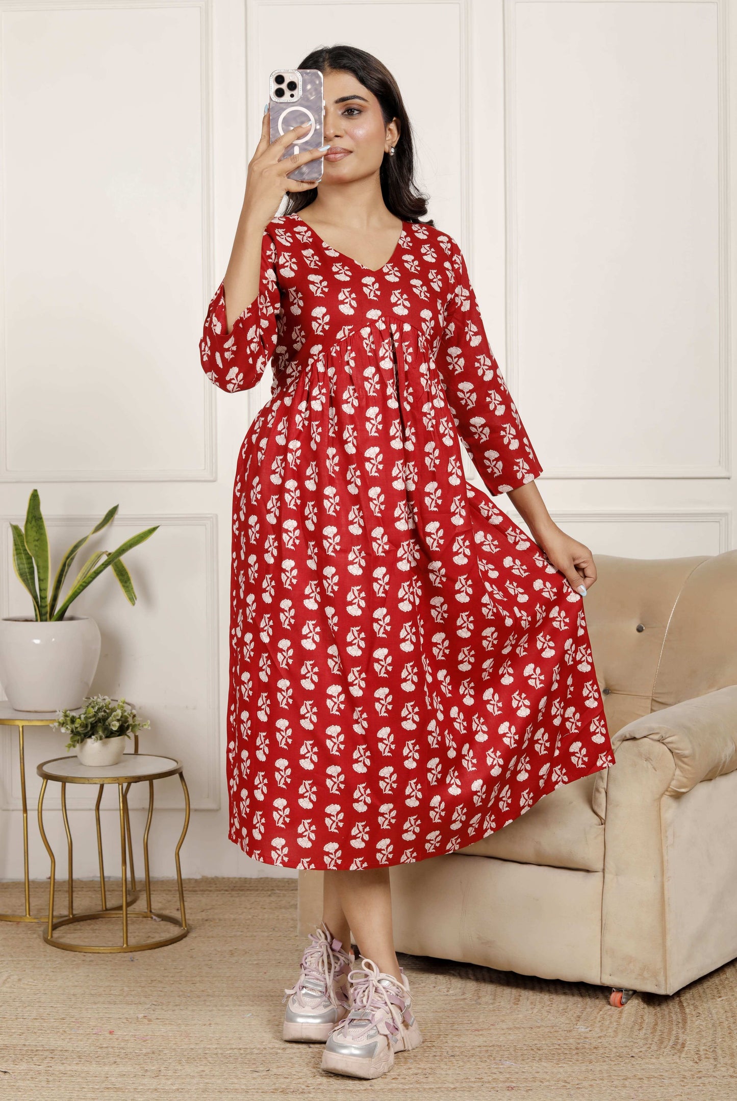 Maroon Red Floral Midi Dress with V-Neck & 3/4 Sleeves | Casual Elegance for Everyday – Lamenda