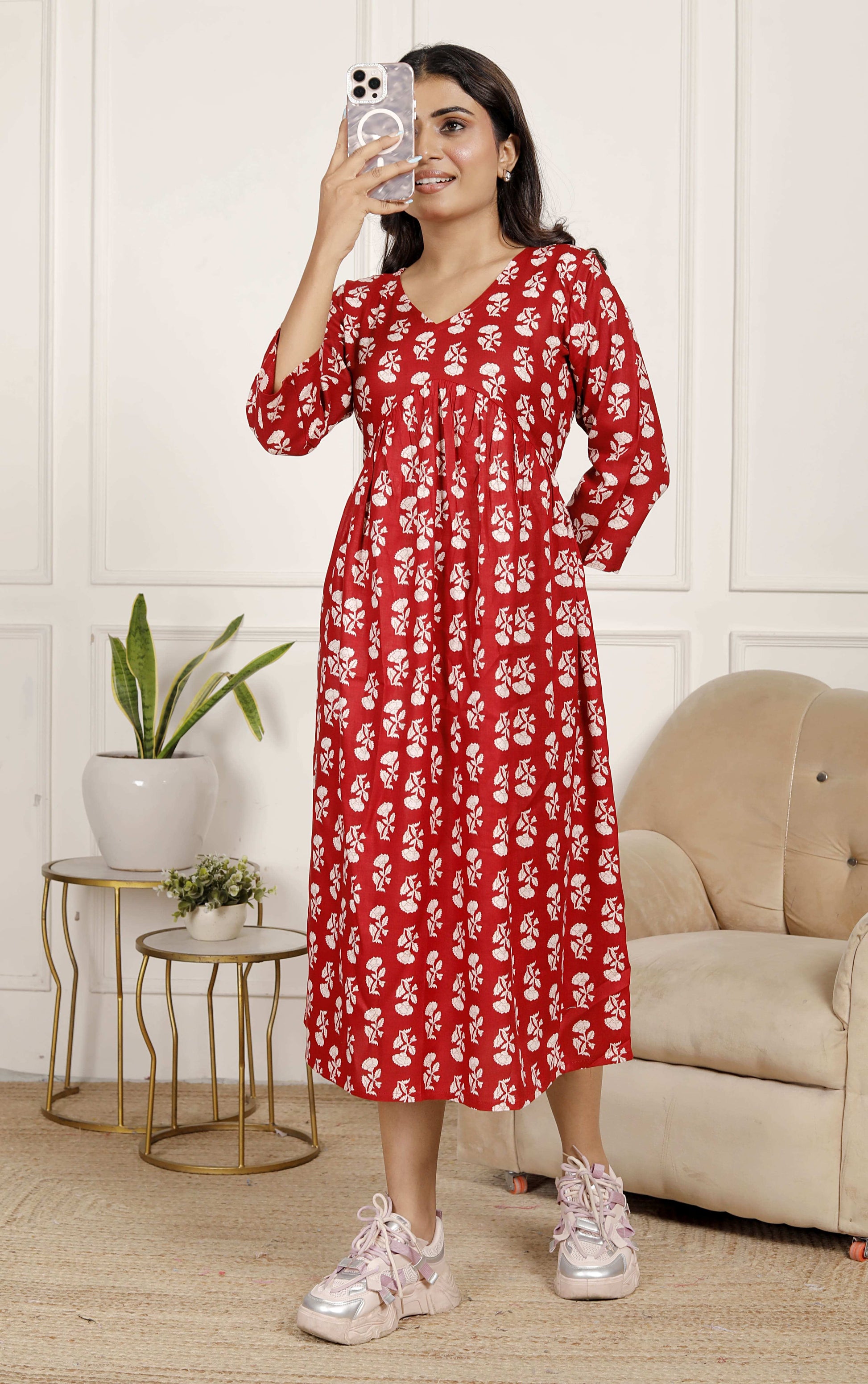 Maroon Red Floral Midi Dress with V-Neck & 3/4 Sleeves | Casual Elegance for Everyday – Lamenda
