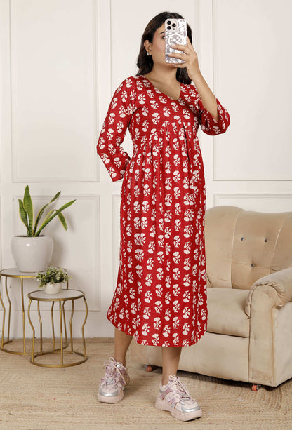 Maroon Red Floral Midi Dress with V-Neck & 3/4 Sleeves | Casual Elegance for Everyday – Lamenda