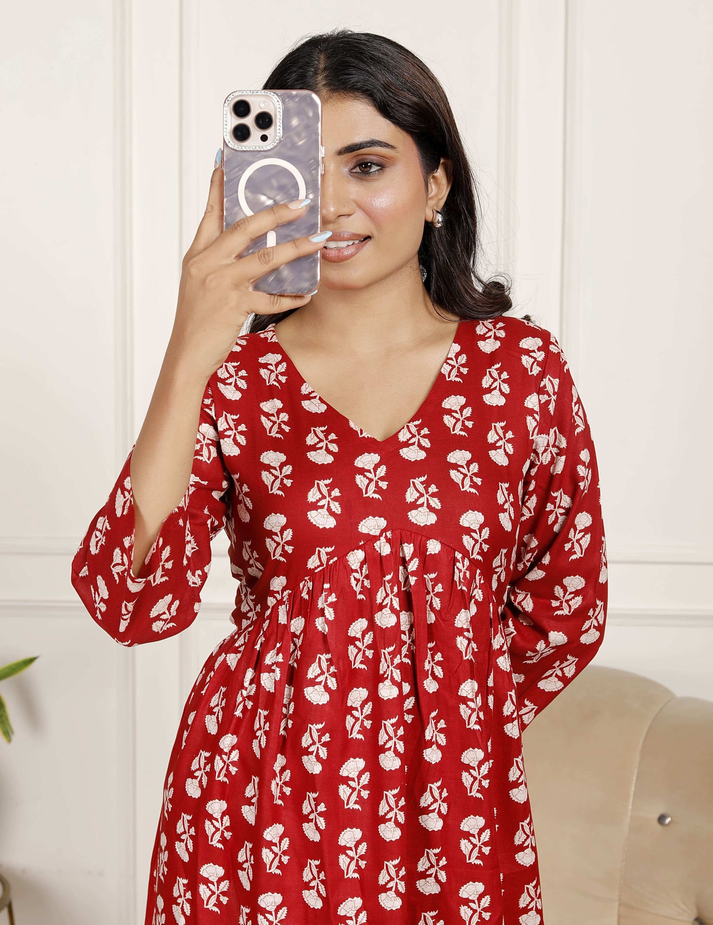 Maroon Red Floral Midi Dress with V-Neck & 3/4 Sleeves | Casual Elegance for Everyday – Lamenda