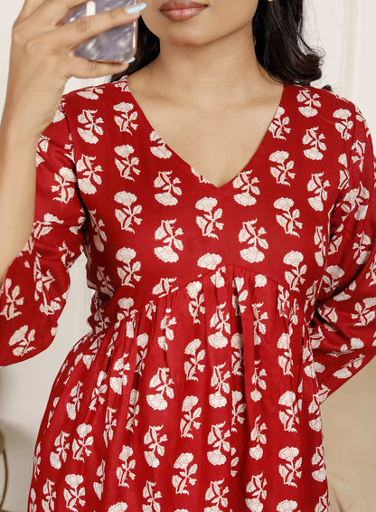 Maroon Red Floral Midi Dress with V-Neck & 3/4 Sleeves | Casual Elegance for Everyday – Lamenda