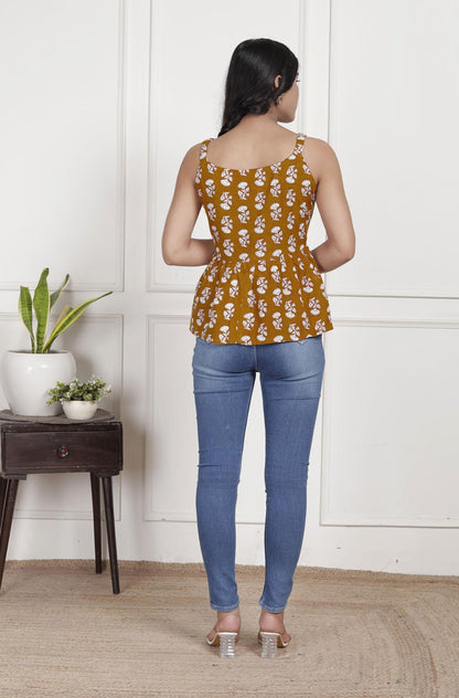 Rust & White Floral Sleeveless Peplum Top with Square Neck | Everyday Chic Wear – Lamenda