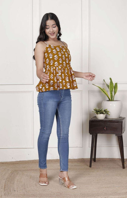 Rust & White Floral Sleeveless Peplum Top with Square Neck | Everyday Chic Wear – Lamenda